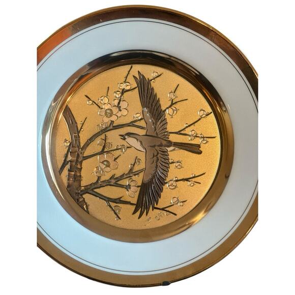 LAL Japan Chokin Art Plate Bird & Cherry Blossoms – Gold & Silver Trim – PL-02 - Picture 1 of 6